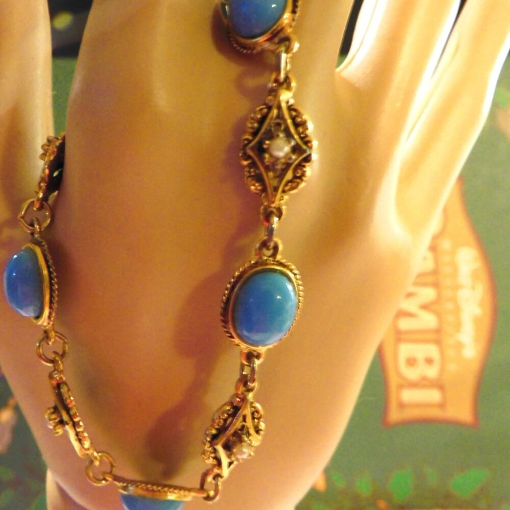 TURQUOISE and SEED PEARL BRACELET - 7.5" - Picture 2 of 6